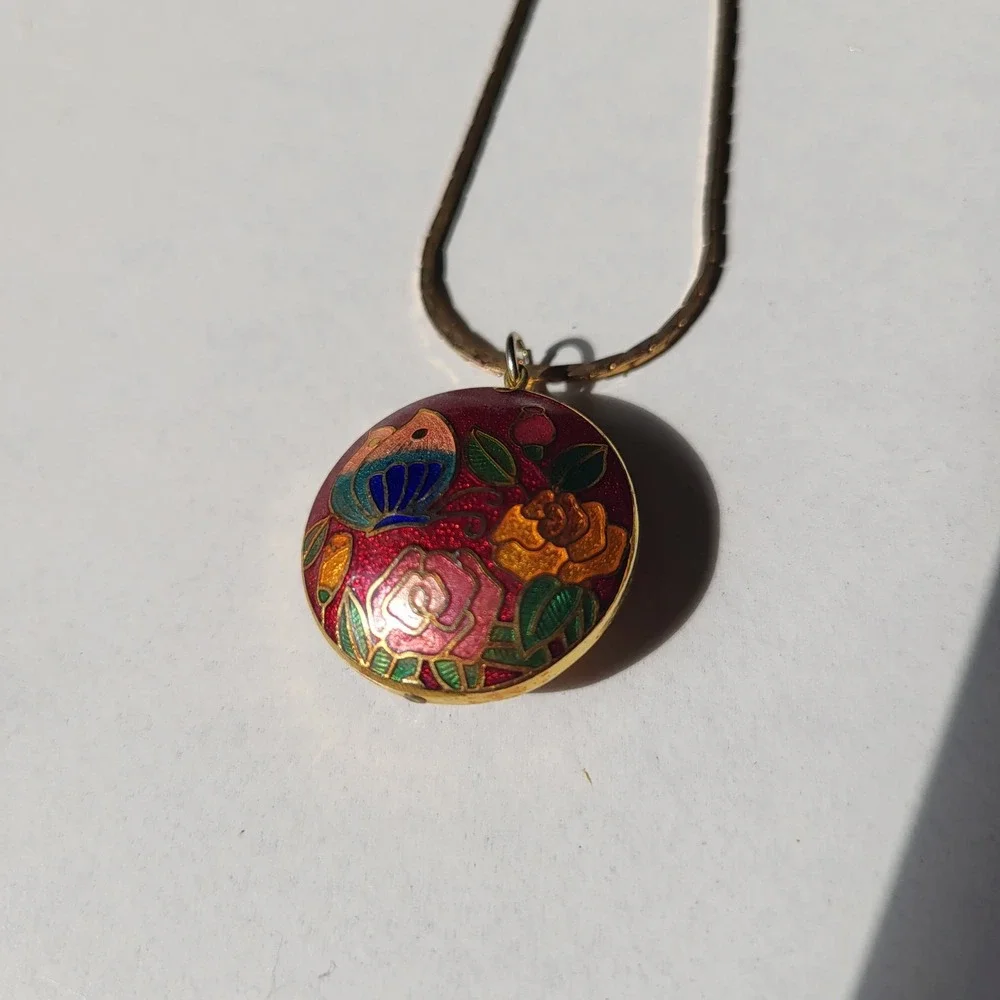 Vintage Two Sided Puffy Cloisonne Pendant Necklace Red Floral Butterfly